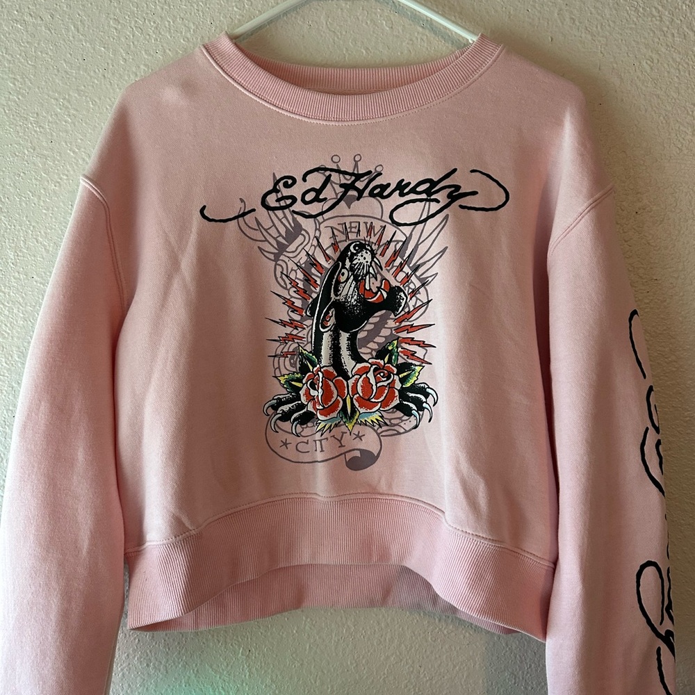 Ed Hardy Pink Crop Graphic Hoodie